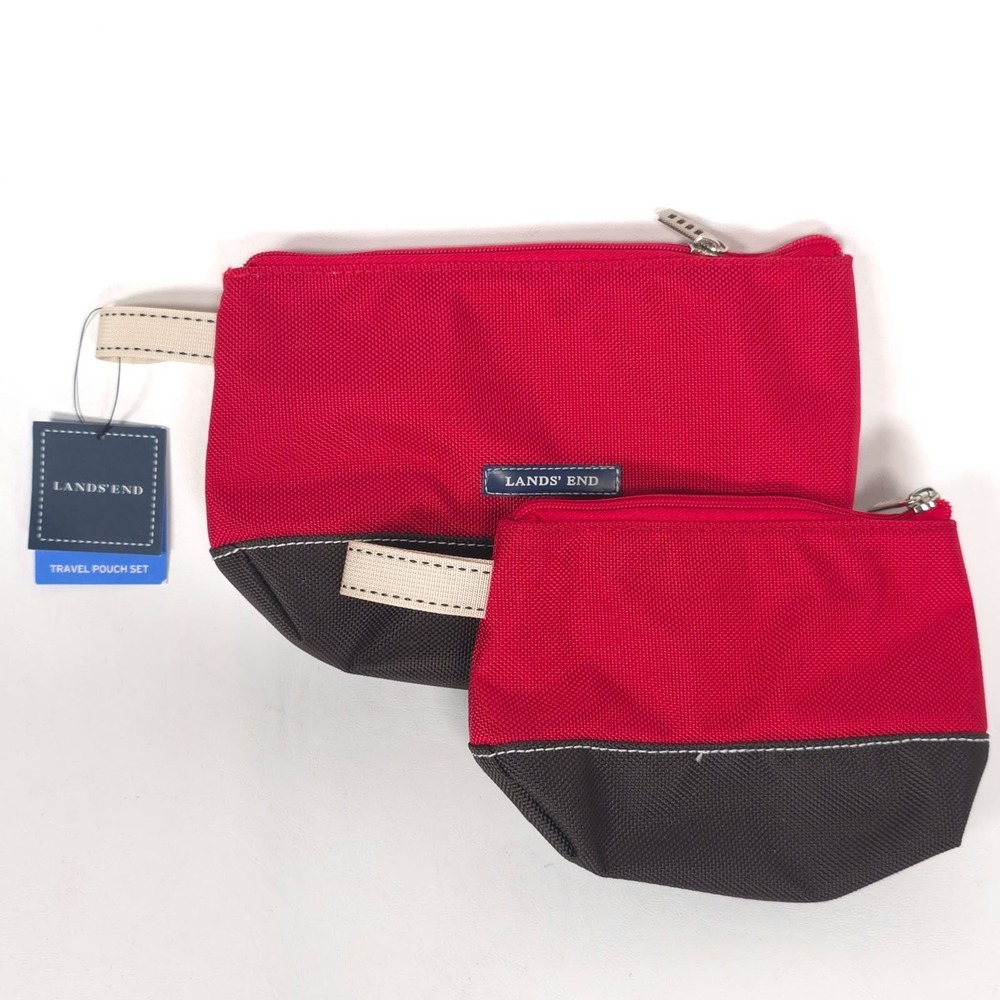 LAND'S END Women's New Organizer Travel Pouch Set 2 Pc Bright Red Black